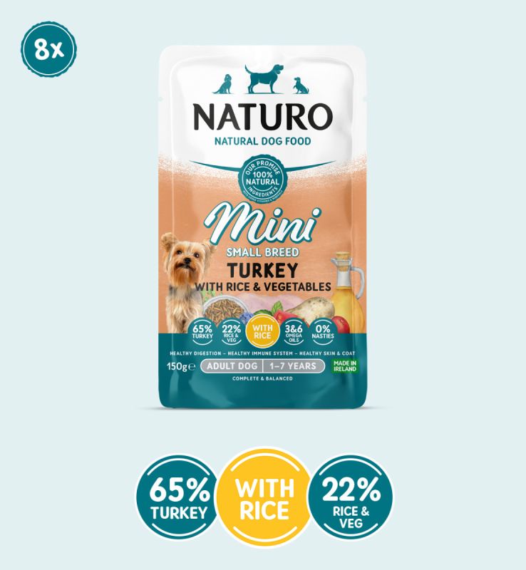 NEW POUCH Adult Mini Dog Turkey with Rice & Vegetables 150g x 8